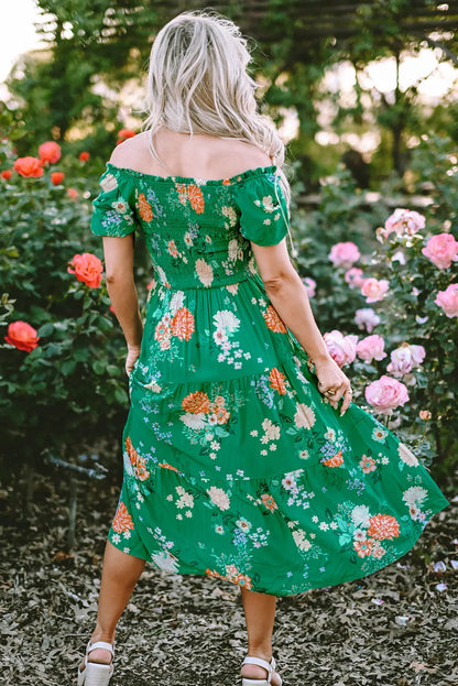 Prairie Bloom Smocked Tiered Midi Dress — Green Floral Dear-Lover Dropshipping