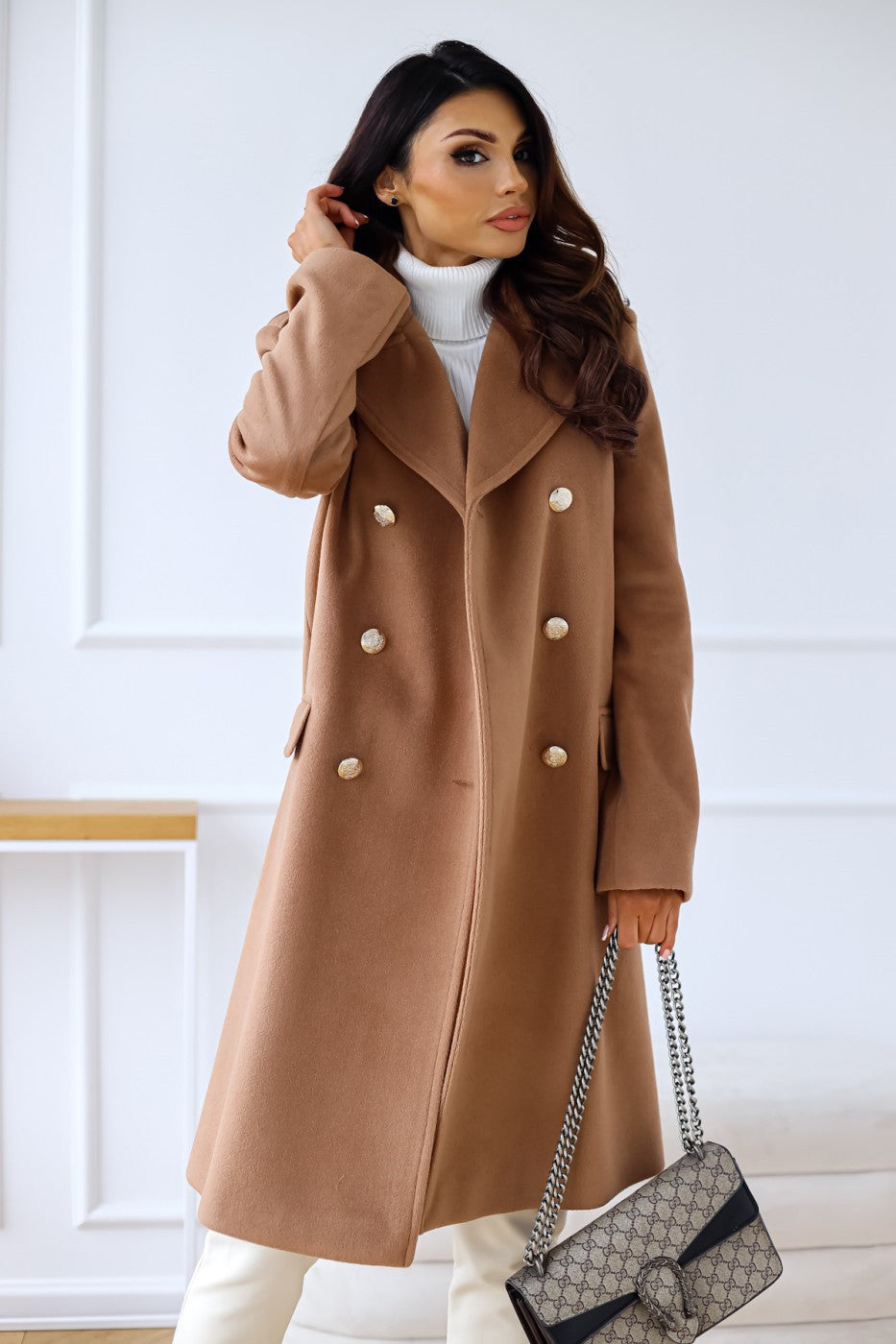 Women's Double-Breasted Wool Coat with Gold Buttons