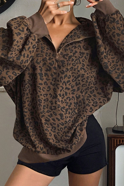 Brown Leopard Print Corduroy Quarter-Zip Sweatshirt