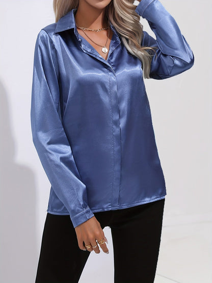 Sarah | Damen Langarm Satin Blusen mit Knopfleiste