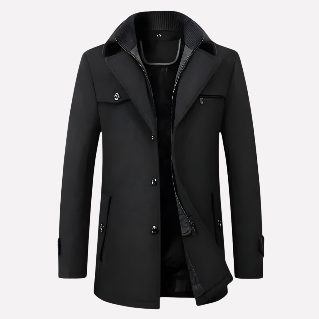 Men's Wool-Blend Peacoat with Button Closure and Zip Insert