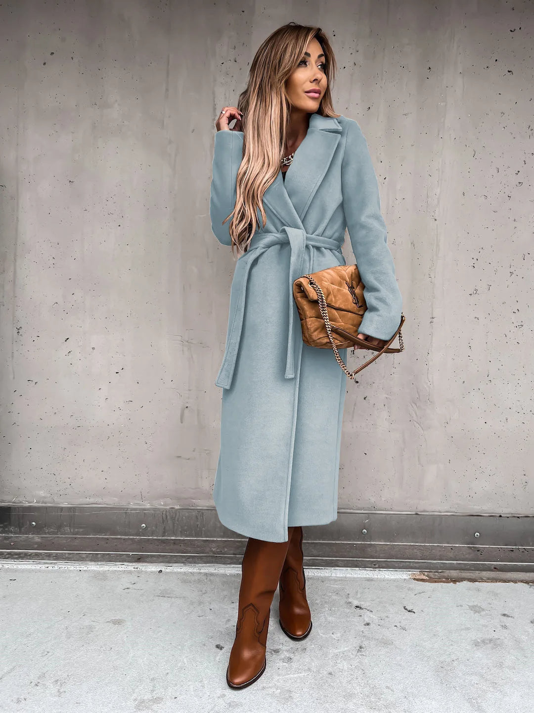 Women's Belted Midi Coat with Notch Lapel Open Front