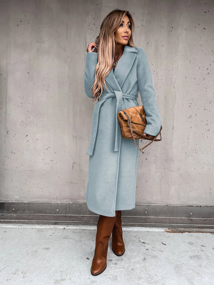 Women's Belted Midi Coat with Notch Lapel Open Front