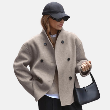 Women's Double-Breasted Coat with V-Neck and Button Front