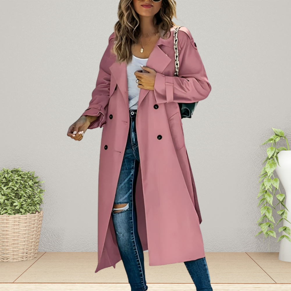 Women's Double-Breasted Trench Coat with Turn-Down Collar