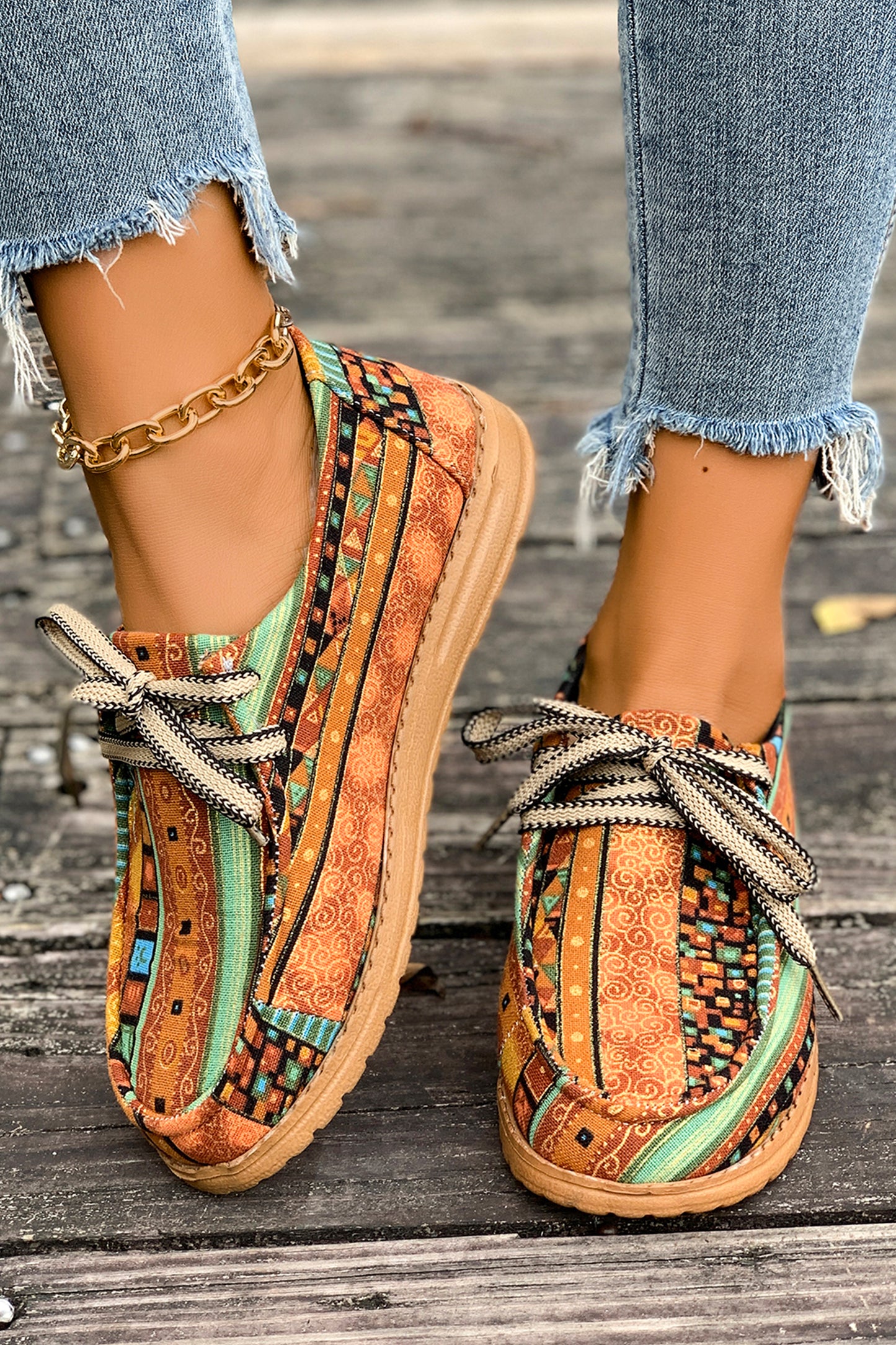 Mustard ethnic print lace-up comfort loafers for women