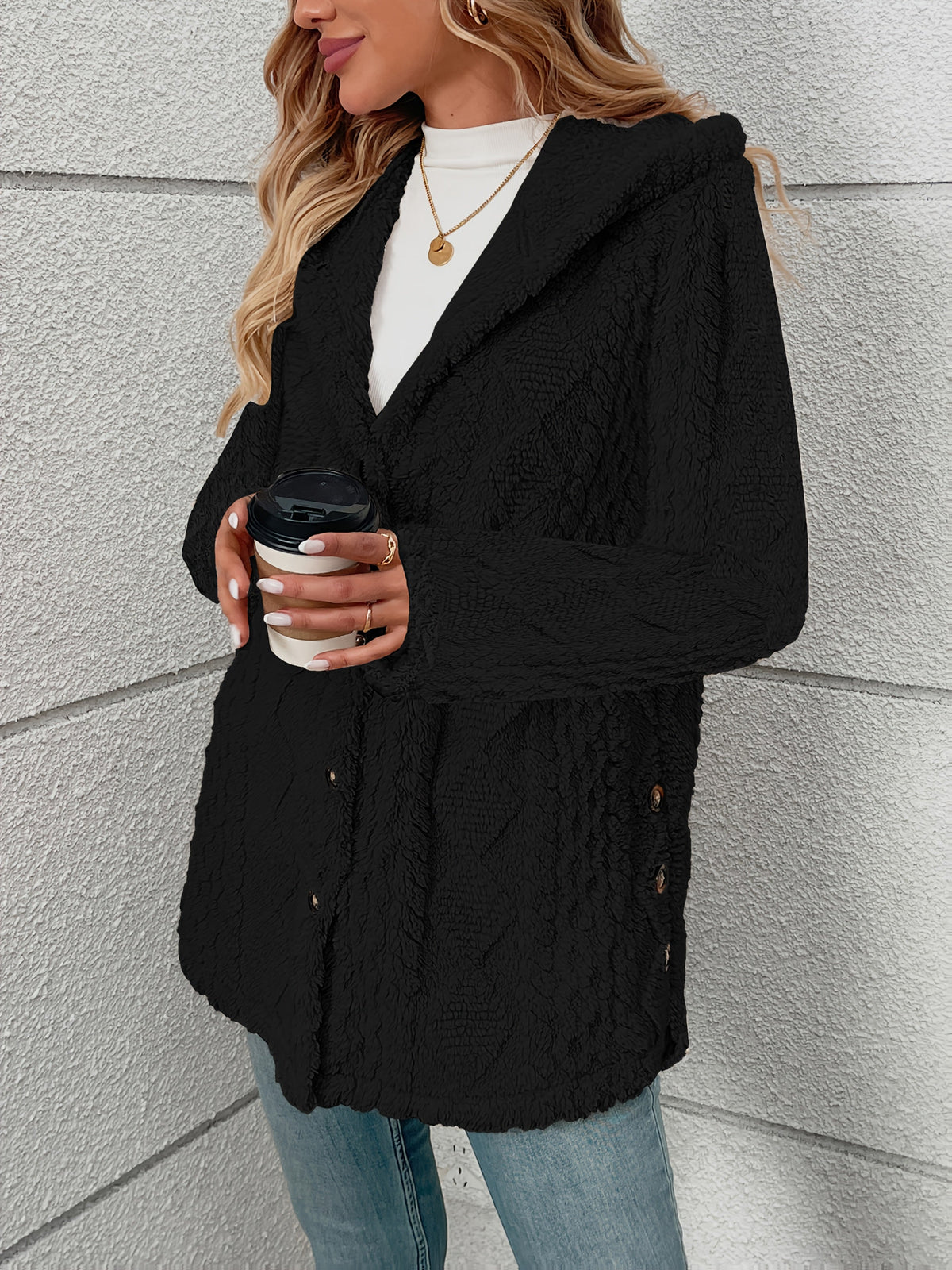 Women's Textured Button-Front Coat with Notched Lapel