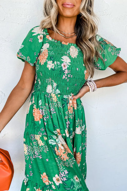 Prairie Bloom Smocked Tiered Midi Dress — Green Floral Dear-Lover Dropshipping