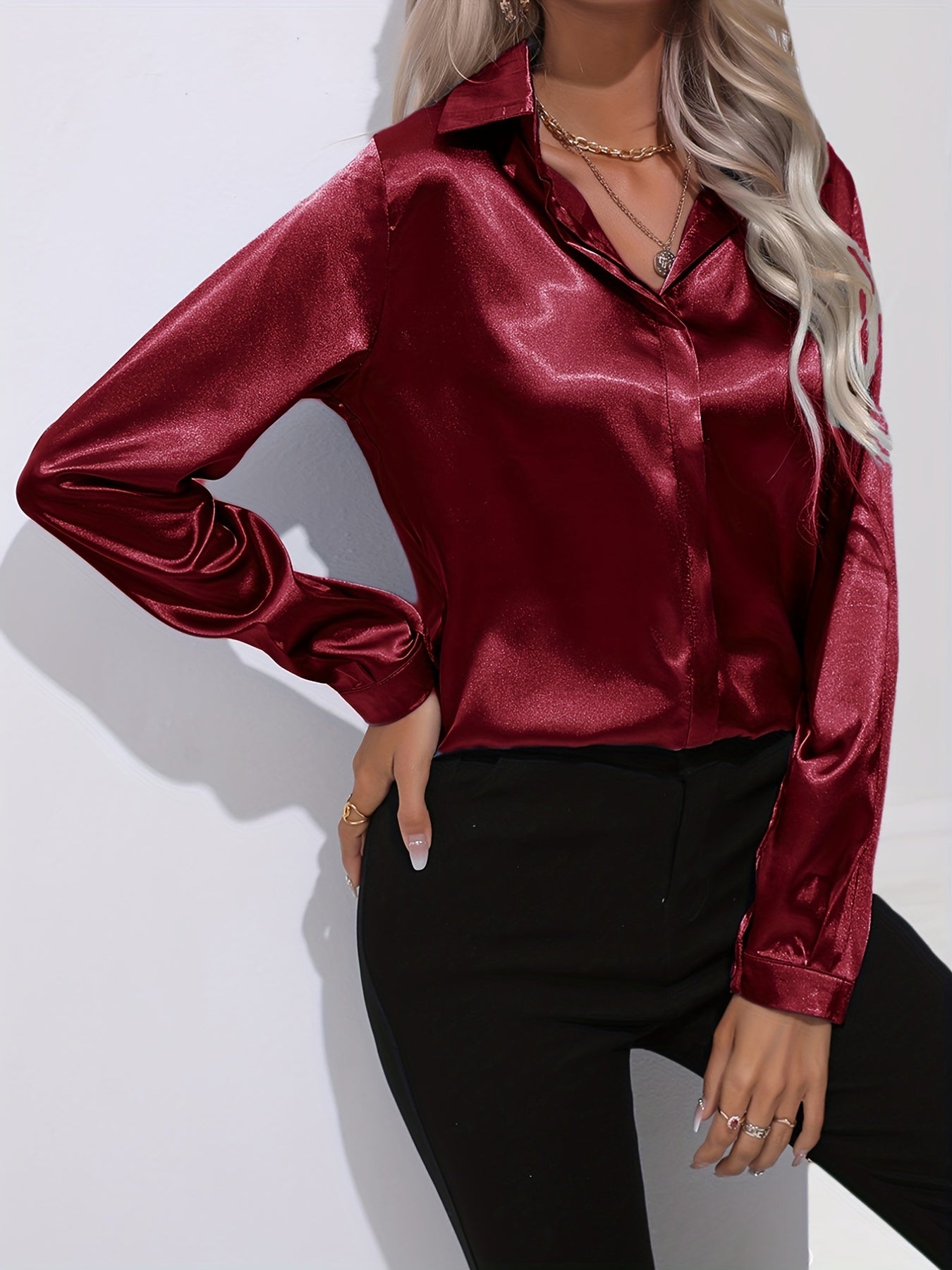 Sarah | Damen Langarm Satin Blusen mit Knopfleiste