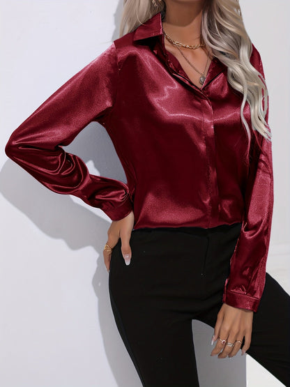 Sarah | Damen Langarm Satin Blusen mit Knopfleiste