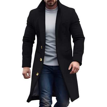 Men's Long Wool Trench Coat with Notch Collar