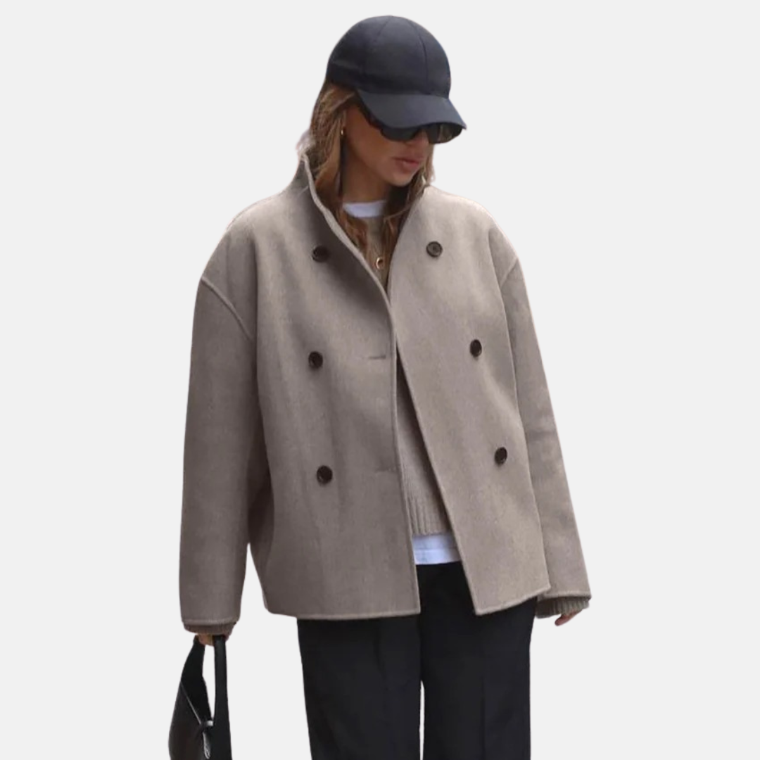 Women's Double-Breasted Coat with V-Neck and Button Front
