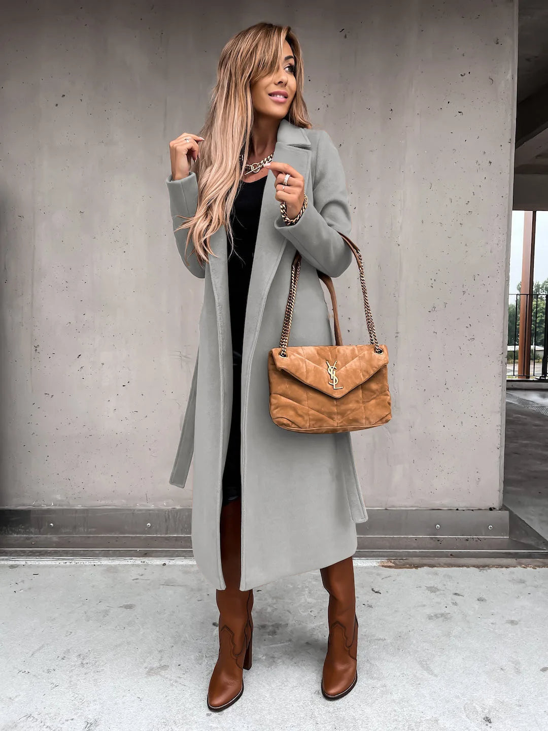 Women's Belted Midi Coat with Notch Lapel Open Front