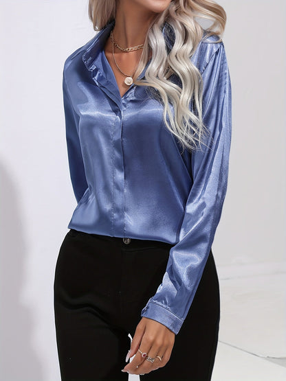 Sarah | Damen Langarm Satin Blusen mit Knopfleiste