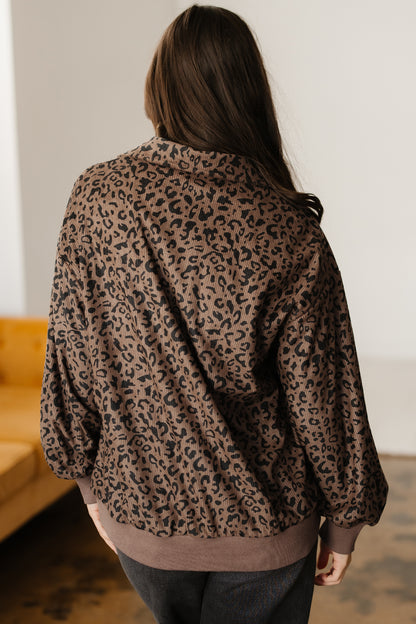 Brown Leopard Print Corduroy Quarter-Zip Sweatshirt