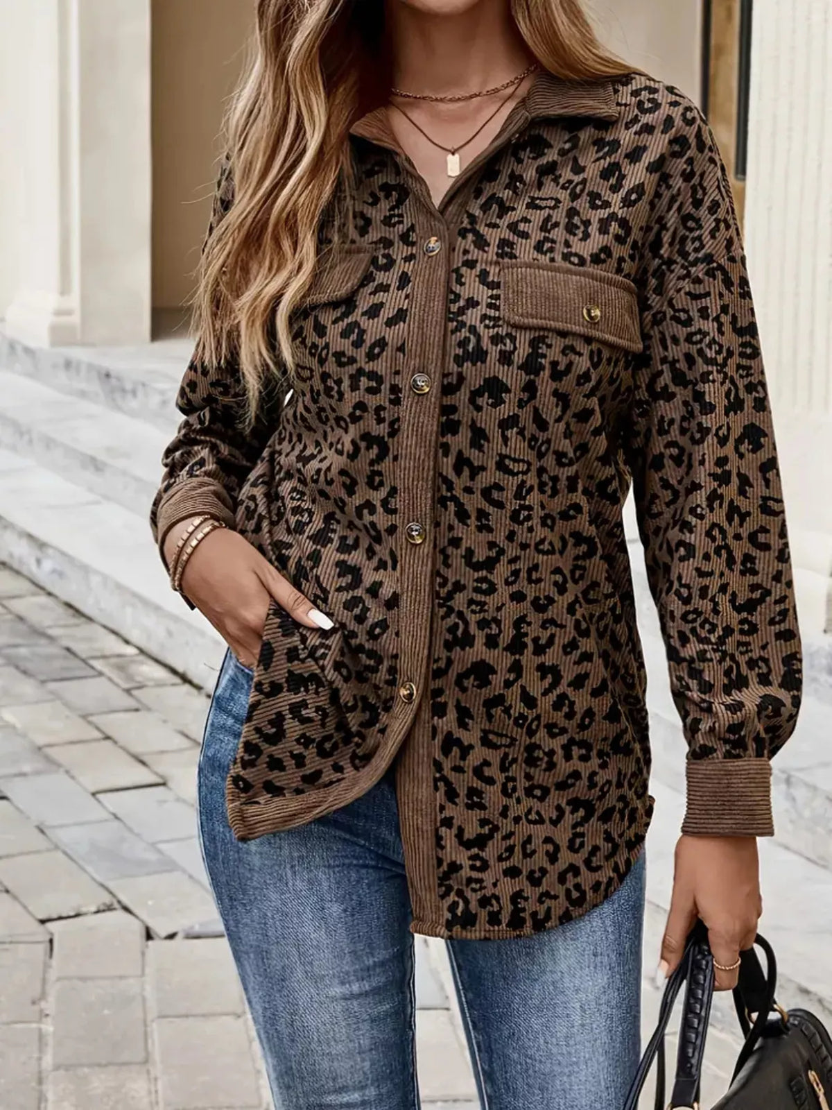 Leopard Print Corduroy Button-Up Jacket with Trendy, Stylish Appeal