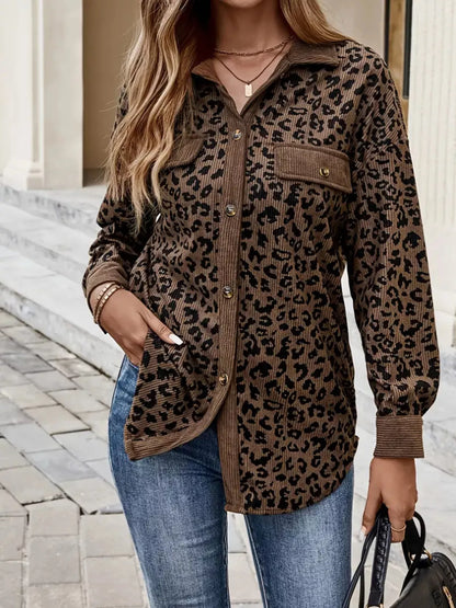 Leopard Print Corduroy Button-Up Jacket with Trendy, Stylish Appeal