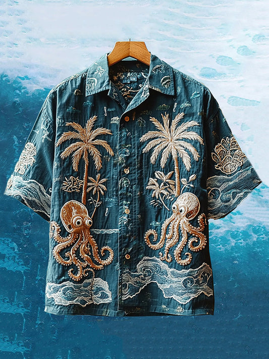 Herren besticktes Ozean-Oktopus Hawaii-Urlaubshemd