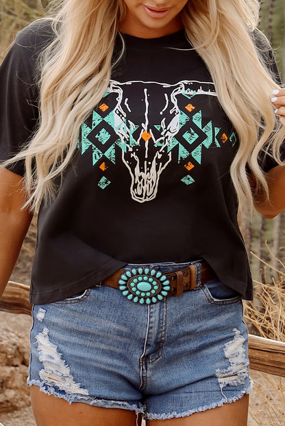 Bull Skull Aztec Graphic Tee — Vintage Carbon Grey Dear-Lover Dropshipping