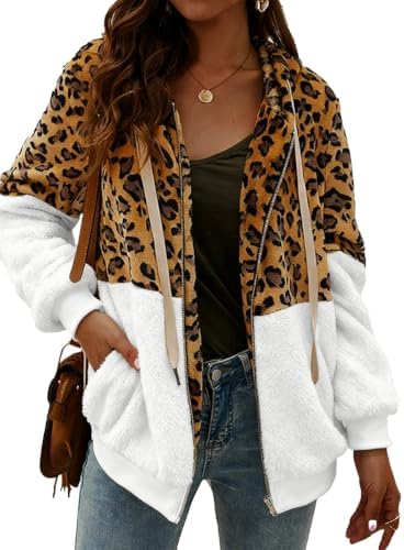 Women’s Leopard Print Sherpa Fleece Hoodie Jacket – Cozy Full-Zip Teddy Coat with Pockets, Warm Patchwork Outerwear for Fall and Winter
