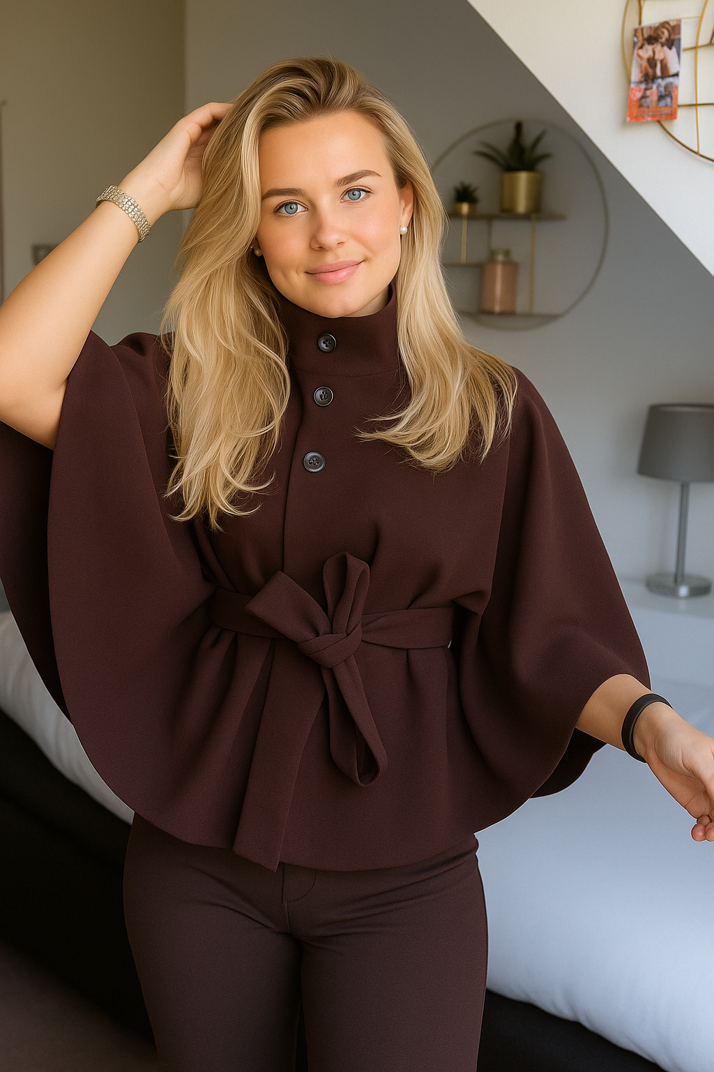 Women's Cape Coat with Belt and Button Closure