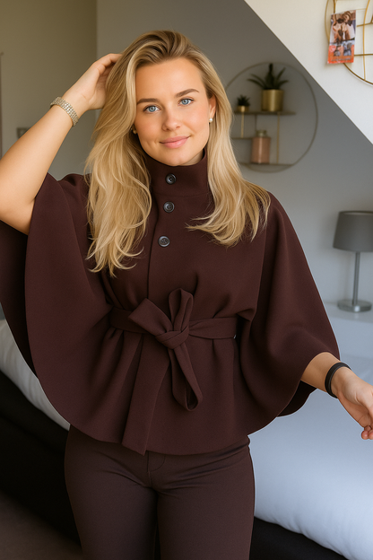 Women's Cape Coat with Belt and Button Closure