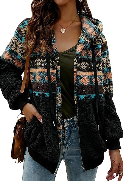 Women’s Leopard Print Sherpa Fleece Hoodie Jacket – Cozy Full-Zip Teddy Coat with Pockets, Warm Patchwork Outerwear for Fall and Winter