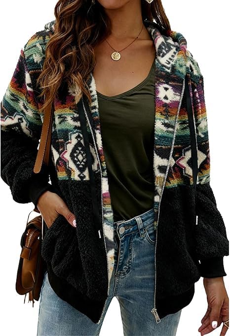 Women’s Leopard Print Sherpa Fleece Hoodie Jacket – Cozy Full-Zip Teddy Coat with Pockets, Warm Patchwork Outerwear for Fall and Winter