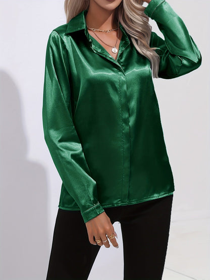 Sarah | Damen Langarm Satin Blusen mit Knopfleiste