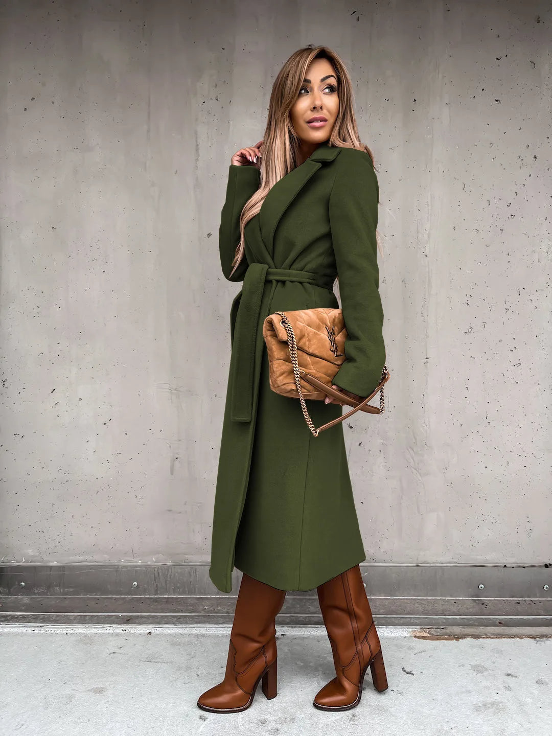 Women's Belted Midi Coat with Notch Lapel Open Front