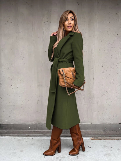 Women's Belted Midi Coat with Notch Lapel Open Front