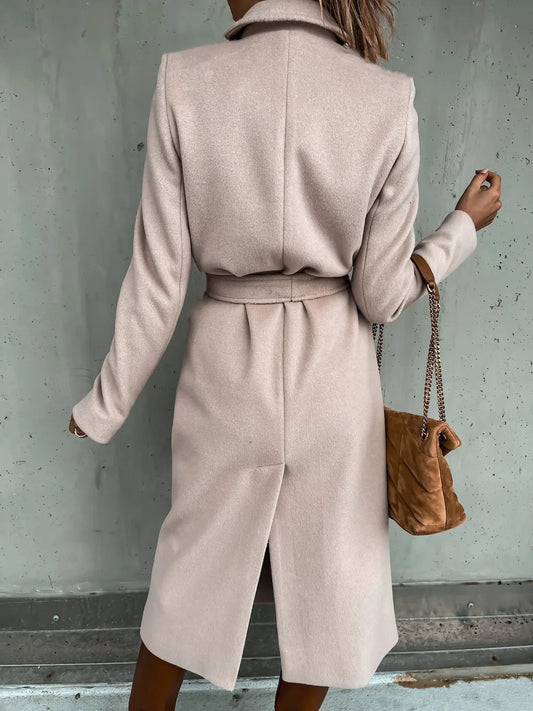 Women's Belted Midi Coat with Notch Lapel Open Front