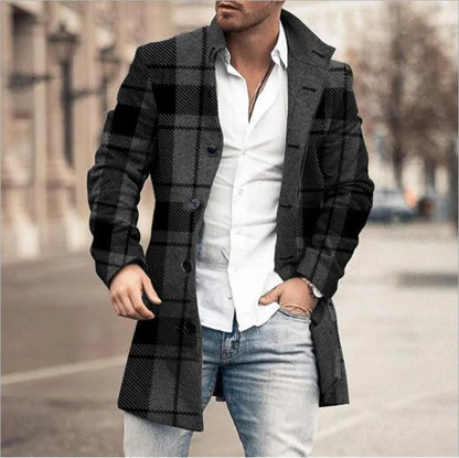 Men's Ribbed Long Coat with Button Closure and Collar