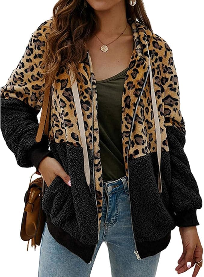 Women’s Leopard Print Sherpa Fleece Hoodie Jacket – Cozy Full-Zip Teddy Coat with Pockets, Warm Patchwork Outerwear for Fall and Winter