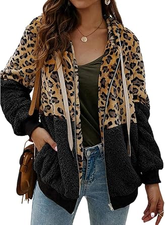 Women’s Leopard Print Sherpa Fleece Hoodie Jacket – Cozy Full-Zip Teddy Coat with Pockets, Warm Patchwork Outerwear for Fall and Winter