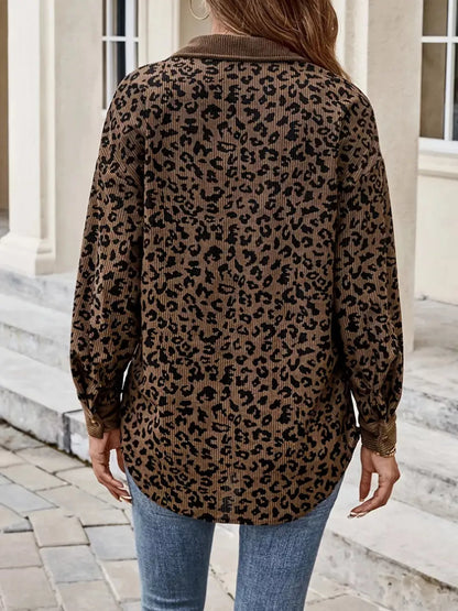 Leopard Print Corduroy Button-Up Jacket with Trendy, Stylish Appeal