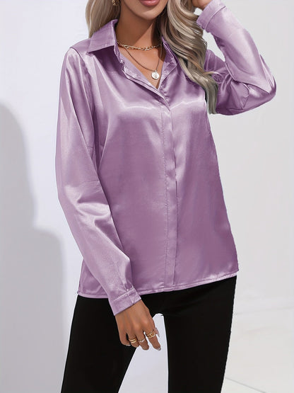 Sarah | Damen Langarm Satin Blusen mit Knopfleiste