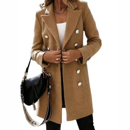 Women's Double-Breasted Long Coat with Lapel Collar
