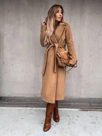 Women's Belted Midi Coat with Notch Lapel Open Front