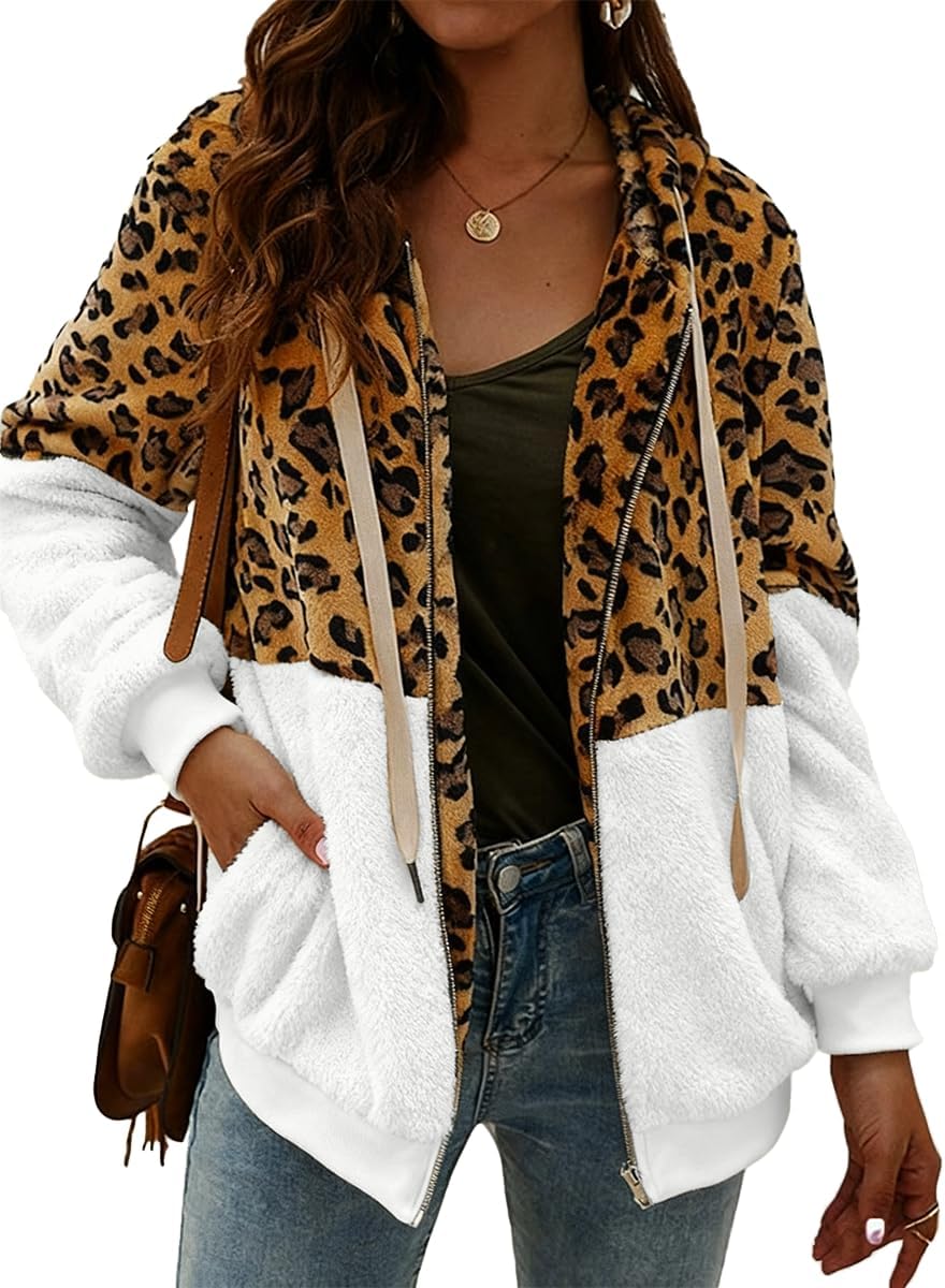 Women’s Leopard Print Sherpa Fleece Hoodie Jacket – Cozy Full-Zip Teddy Coat with Pockets, Warm Patchwork Outerwear for Fall and Winter