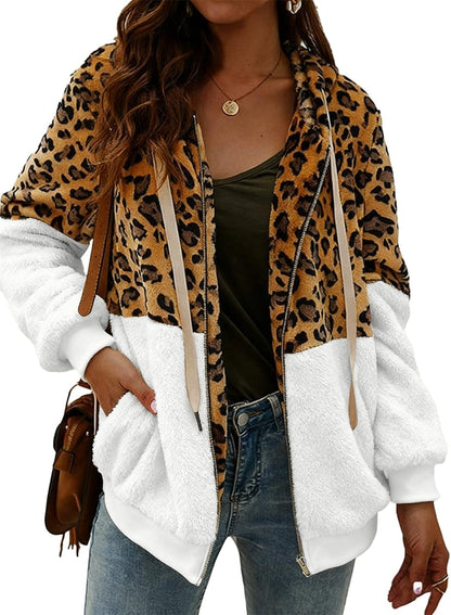 Women’s Leopard Print Sherpa Fleece Hoodie Jacket – Cozy Full-Zip Teddy Coat with Pockets, Warm Patchwork Outerwear for Fall and Winter