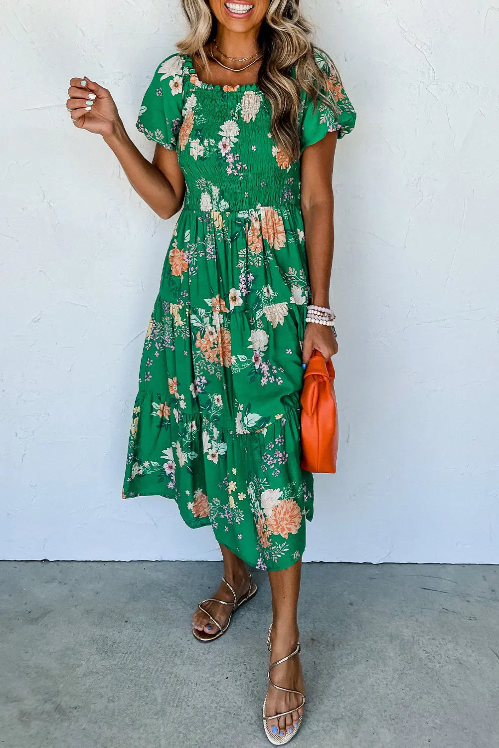 Prairie Bloom Smocked Tiered Midi Dress — Green Floral Dear-Lover Dropshipping