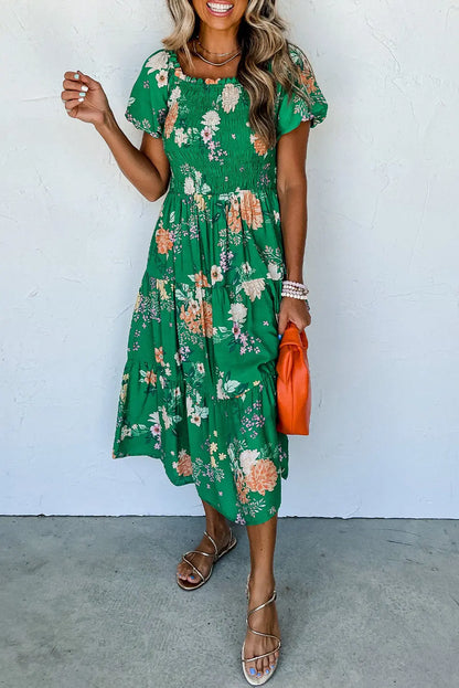 Prairie Bloom Smocked Tiered Midi Dress — Green Floral Dear-Lover Dropshipping
