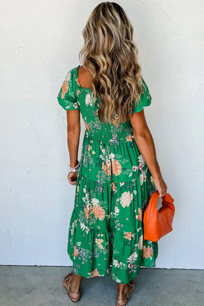 Prairie Bloom Smocked Tiered Midi Dress — Green Floral Dear-Lover Dropshipping