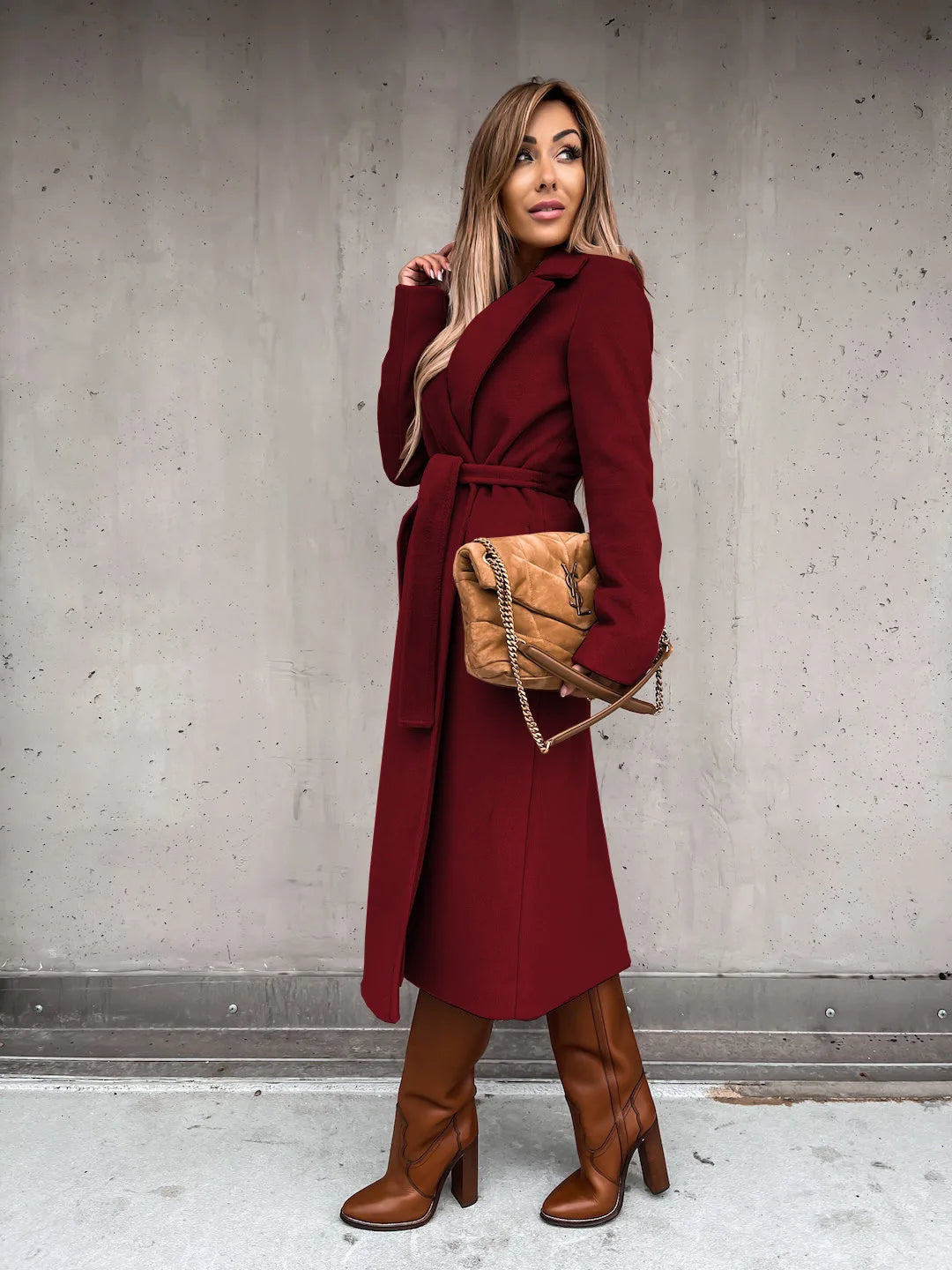 Women's Belted Midi Coat with Notch Lapel Open Front