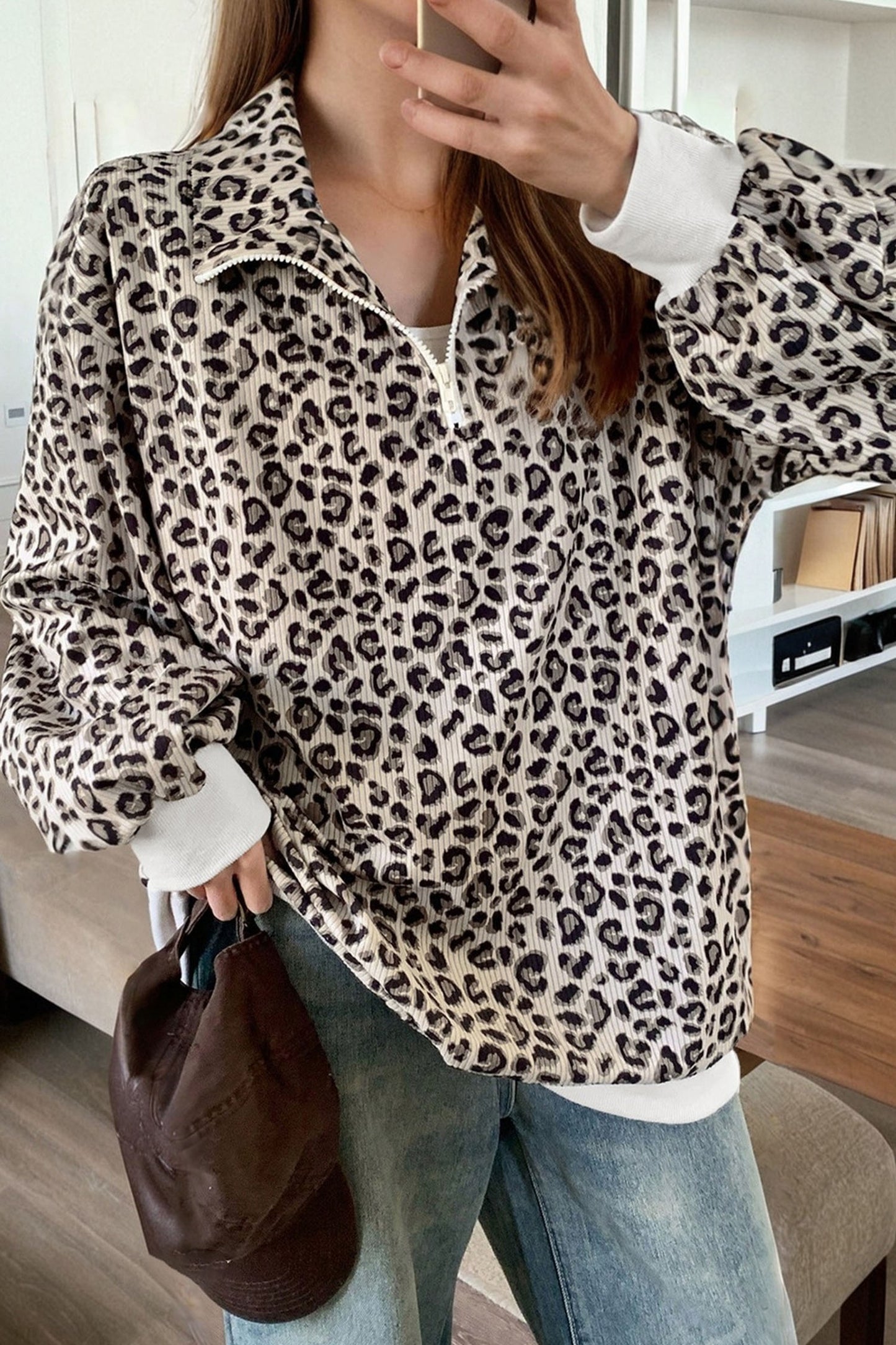 Brown Leopard Print Corduroy Quarter-Zip Sweatshirt