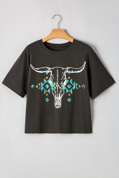 Bull Skull Aztec Graphic Tee — Vintage Carbon Grey Dear-Lover Dropshipping