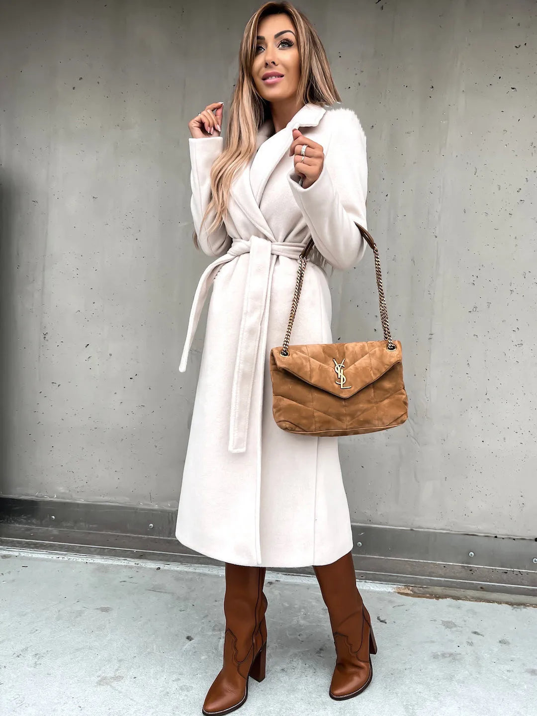 Women's Belted Midi Coat with Notch Lapel Open Front