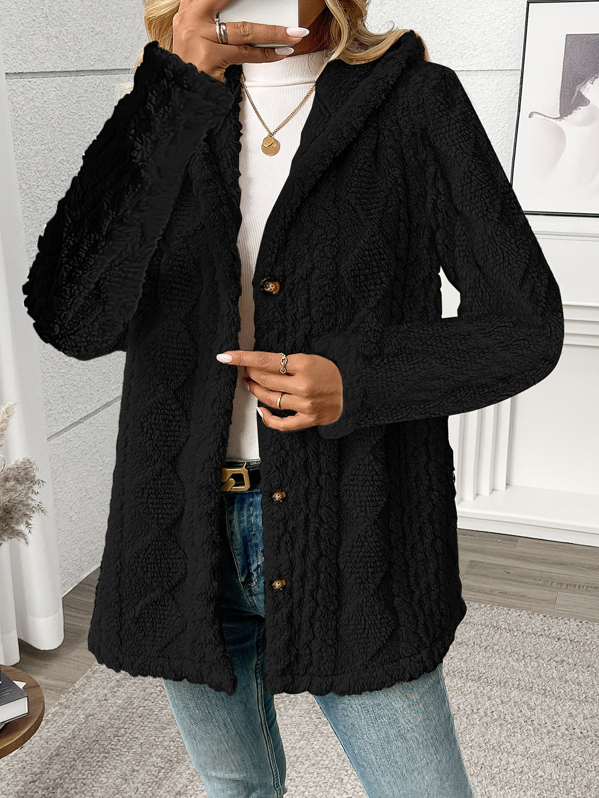 Women's Textured Button-Front Coat with Notched Lapel