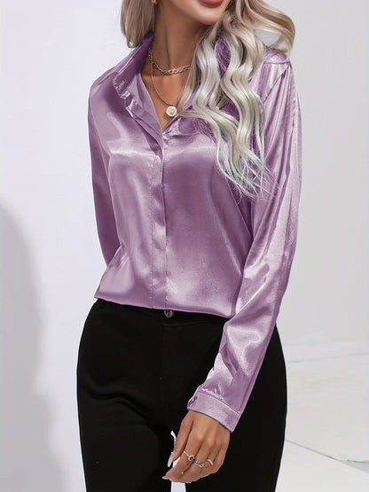 Sarah | Damen Langarm Satin Blusen mit Knopfleiste